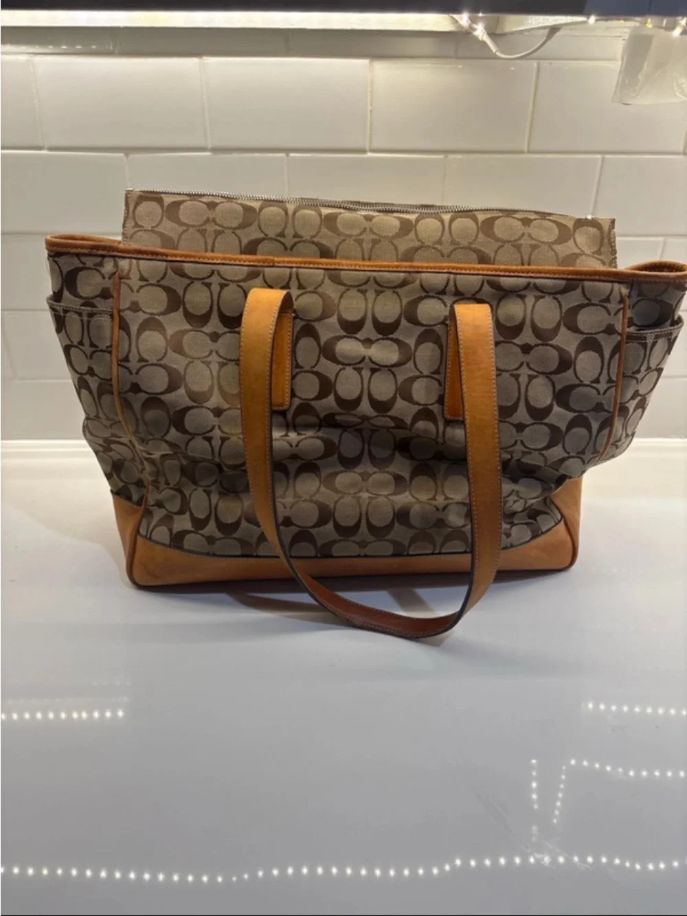 Coach Beige Signature Canvas Tote with Brown Leather Trim